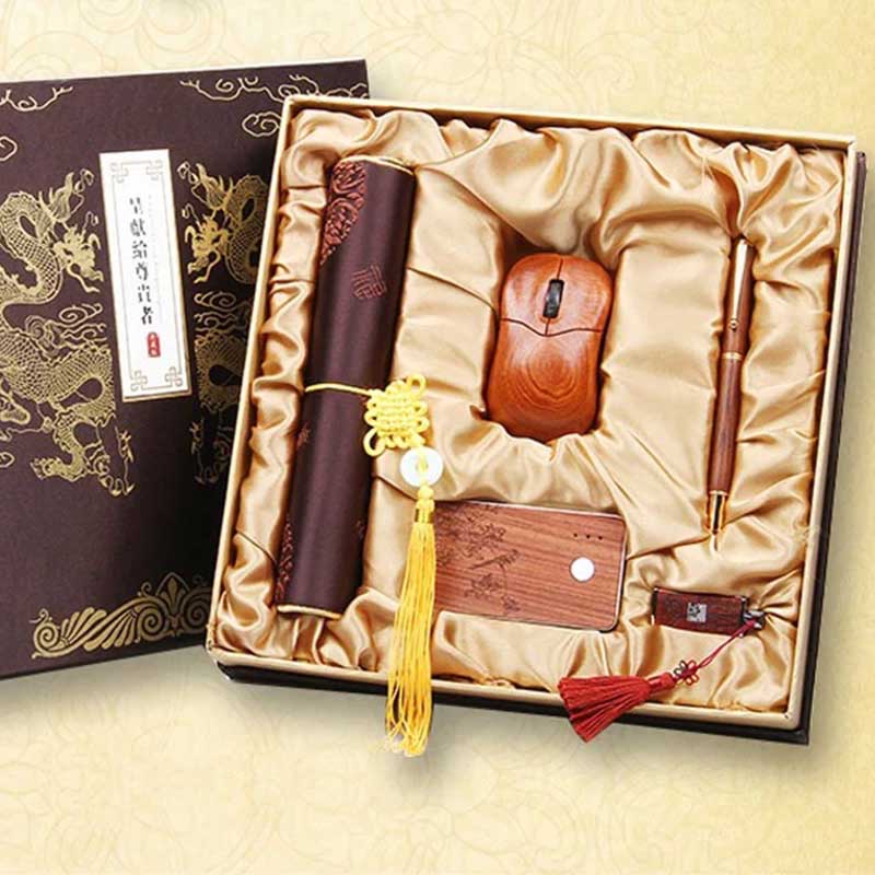 中国风红木笔书签鼠标五件套装礼品 创意实用会议办公礼品 圣诞节新年礼物定制