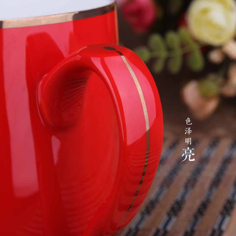 红瓷荣华富贵创意茶杯 帶盖陶瓷杯子礼品广告促销可定做