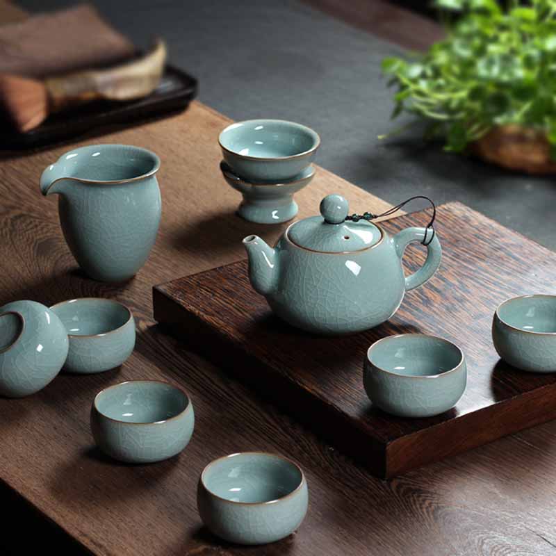 龙泉青瓷哥窑梅子青茶具整套 冰裂开片盖碗茶壶陶瓷功夫茶具套装定制