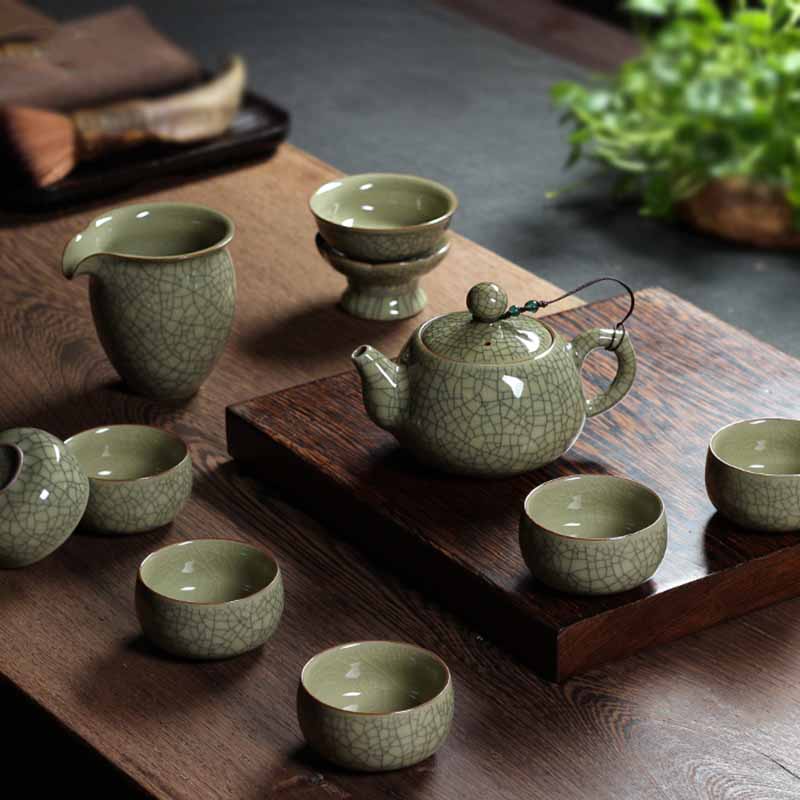 龙泉青瓷哥窑梅子青茶具整套 冰裂开片盖碗茶壶陶瓷功夫茶具套装定制