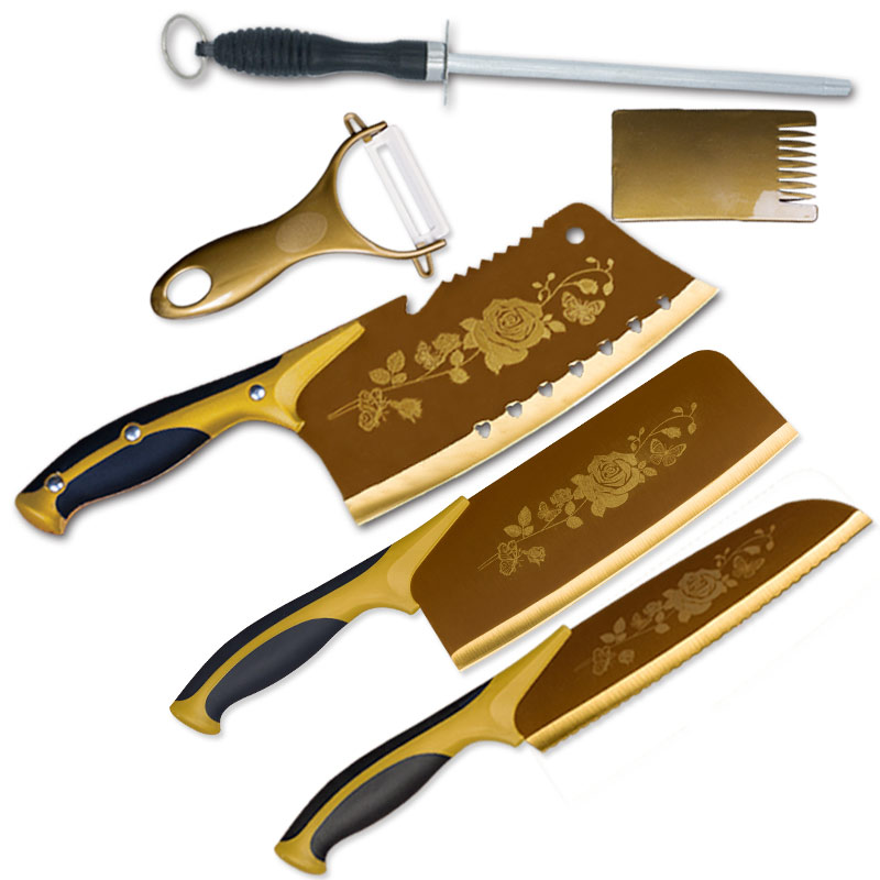玫瑰钛金刀具六件套组合套装 德国厨具家用菜刀菜板套装定制