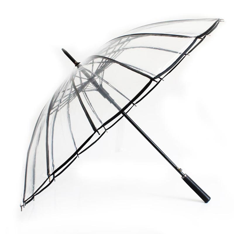 小清新长柄透明伞 16骨加厚透明皮柄创意自动雨伞定制