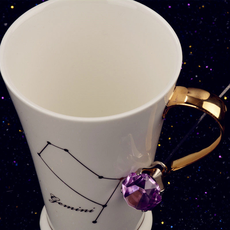 创意十二星座水杯 时尚描金贴花骨瓷咖啡马克杯 带盖勺陶瓷情侣杯定制