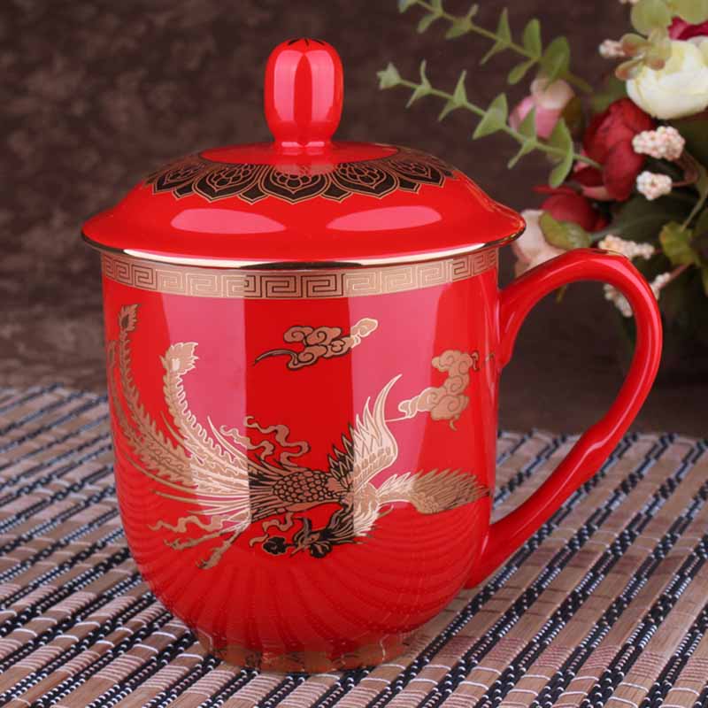 中国红瓷凤杯水杯陶瓷杯子 创意带盖结婚礼品定制