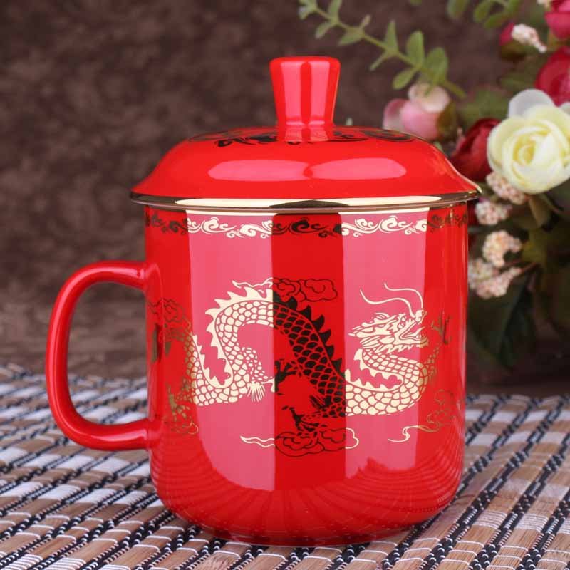 中老年礼品中国红瓷茶杯 龙纹将军杯 高档红瓷茶杯定制