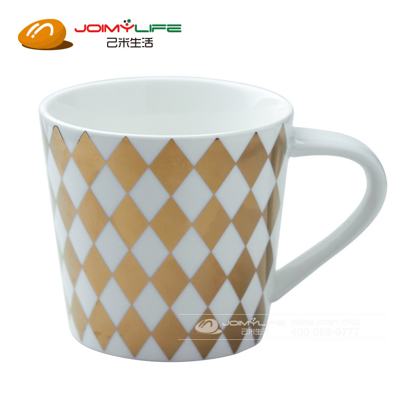 美式厚实大容量白瓷金色几何菱形 早餐杯马克杯杯子水杯