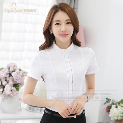 新款女士棉麻短袖衬衫 韩版职业立领衬衣 团体定制