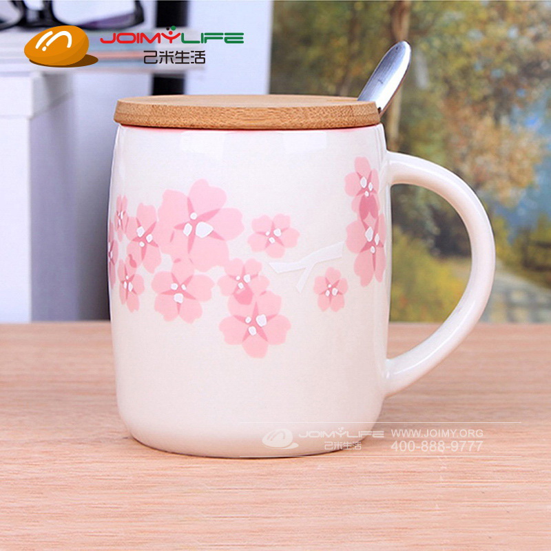 创意浮雕樱花马克杯情侣酒桶咖啡牛奶早餐陶瓷杯定做