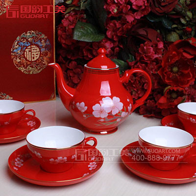 中国红创意牡丹陶瓷酒具套装定制