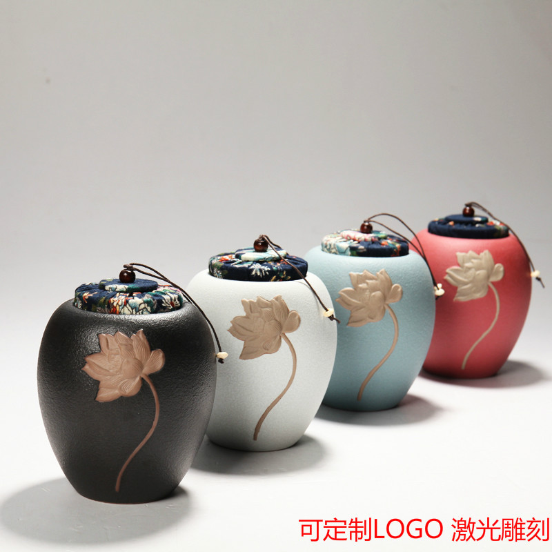 浮雕彩陶罐粗陶荷花茶叶罐定制 可装糖果干果等多功能陶瓷密封罐批发