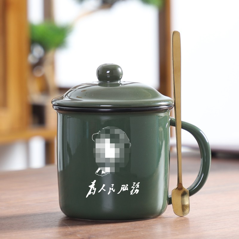 军绿陶瓷马克杯定做印字 仿搪瓷杯茶缸子批发 为人民服务杯子办公杯定制