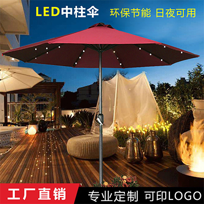 LED中柱伞定制 灯泡太阳能发光手摇户外沙滩伞批发直销 防水布可印刷广告