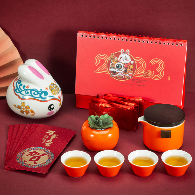 2023新年茶具套装伴手礼中式商务礼品兔年存钱罐旅行高档轻奢陶瓷