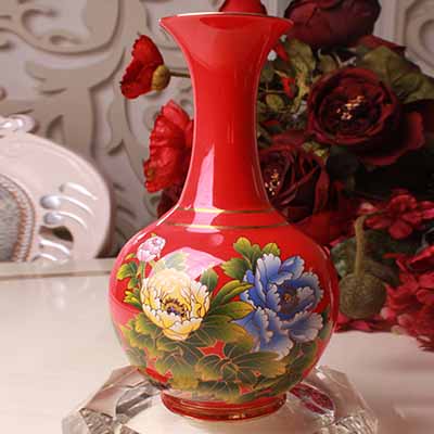 千红窑醴陵瓷器中国红瓷花瓶 陶瓷桌面装饰家居摆件 中号牡丹赏瓶花瓶墙柜摆