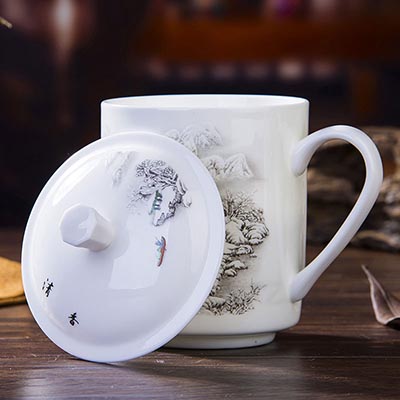 骨瓷杯马克杯陶瓷杯 青花瓷茶杯陶瓷杯子 带盖办公室会议水杯定制