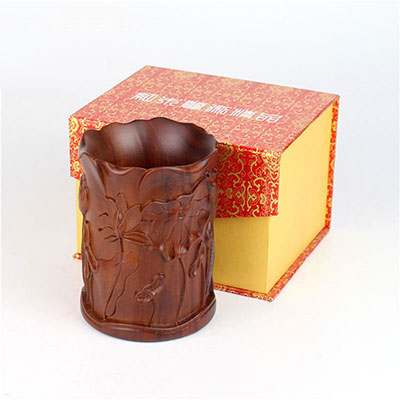 红木雕刻荷花笔筒复古中式红檀木笔筒 实木创意工艺品摆件办公礼品定制