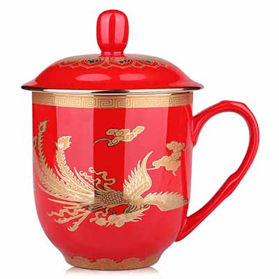 中国红瓷凤杯水杯陶瓷杯子 创意带盖结婚礼品定制