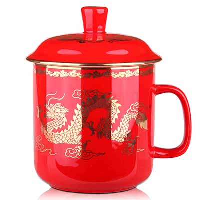 中老年礼品中国红瓷茶杯 龙纹将军杯 高档红瓷茶杯定制