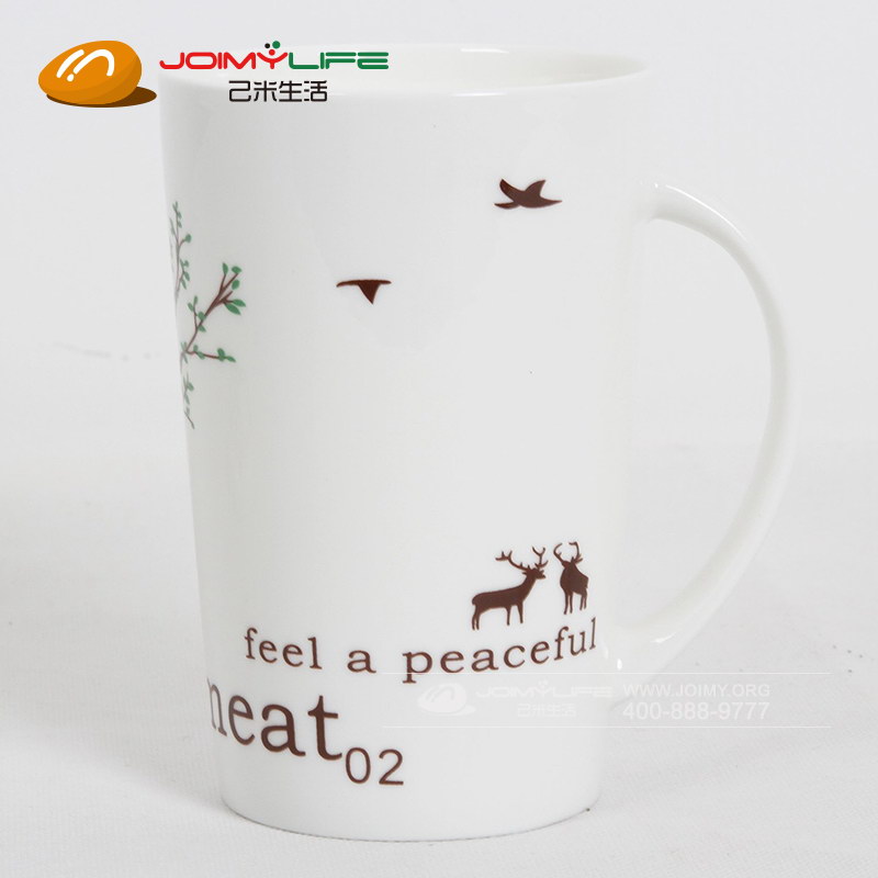 骨瓷杯陶瓷杯子马克杯带盖陶瓷杯子送精美勺子 (鹿与树)定制