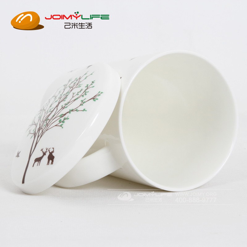 骨瓷杯陶瓷杯子马克杯带盖陶瓷杯子送精美勺子 (鹿与树)定制