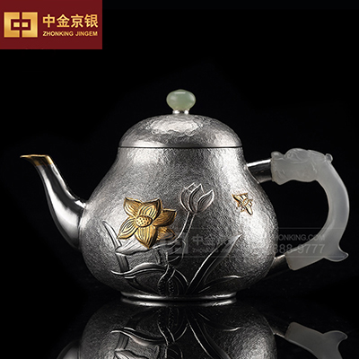 纯银茶壶岫玉手把 纯手工光面小茶壶 隔热泡茶鎏嵌金银壶