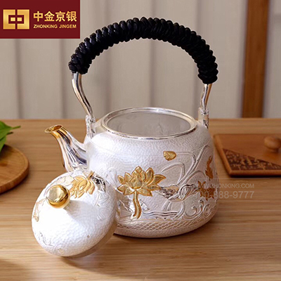 台湾精品镶金银壶 纯手工银壶纯银茶壶足银茶具烧水泡茶壶