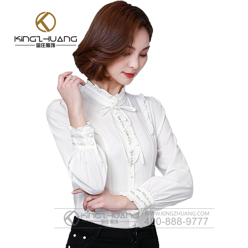 时尚女式圆领刺绣衬衫 蝴蝶结雪纺职业衬衫 团体定制