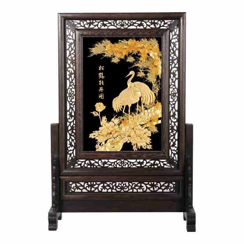 金箔画送礼松鹤牡丹图祝寿送礼金箔画