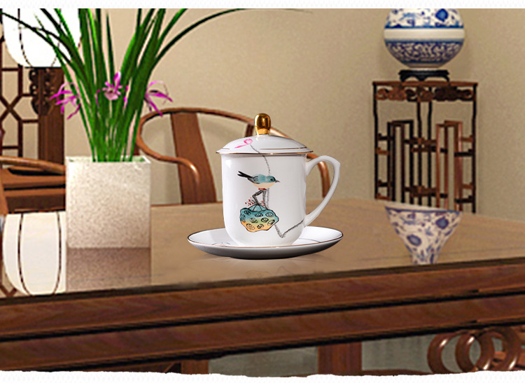 景德镇高温陶瓷茶杯定制 带盖带托碟手绘骨质瓷办公会议杯logo定制批发