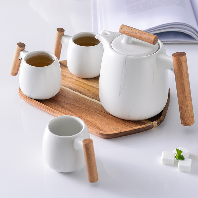 北欧创意木手柄咖啡陶瓷茶具定制 礼盒套装花茶壶礼品订做logo