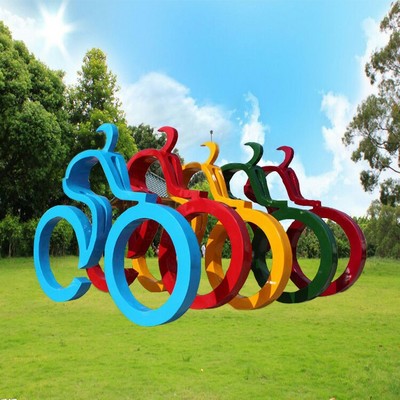 玻璃钢运动雕塑摆件定制 自行车体育雕塑批发 抽象人物户外园林景观雕塑摆件