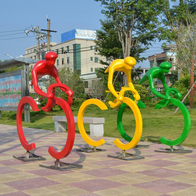 玻璃钢运动雕塑摆件定制 自行车体育雕塑批发 抽象人物户外园林景观雕塑摆件定制