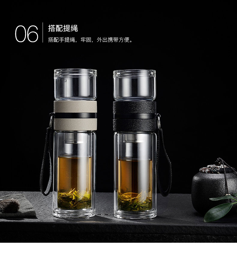 高硼硅双盖便携式茶水分离杯批发 泡茶过滤双层玻璃杯定制LOGO