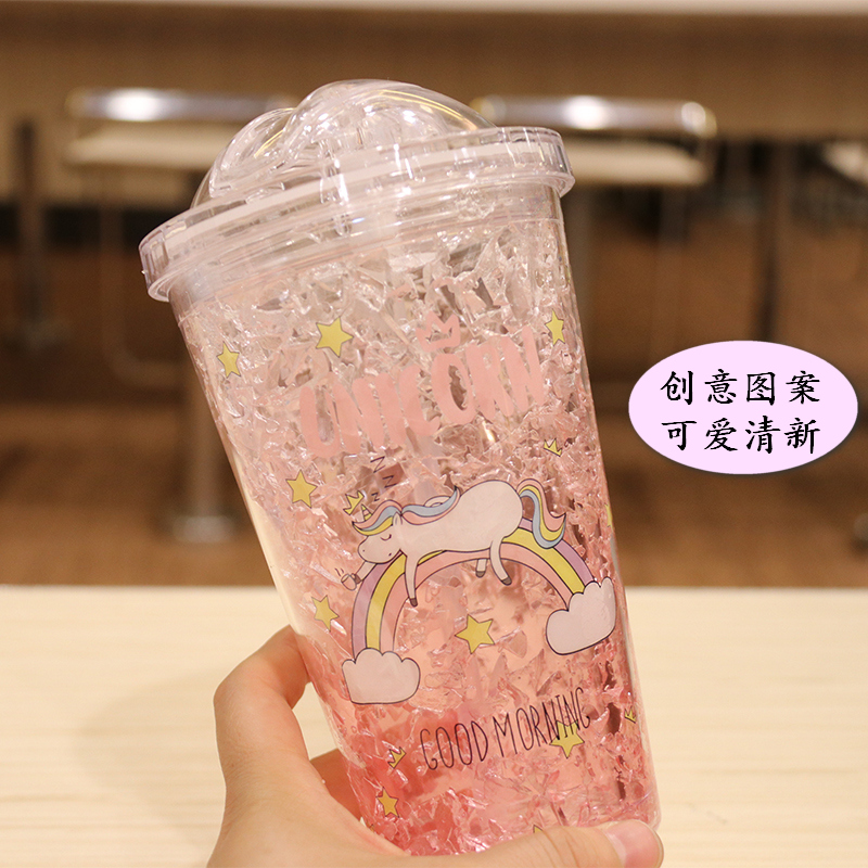 学生清新可爱卡通塑料杯定制 吸管碎冰杯双层制冷果汁冰镇饮水杯