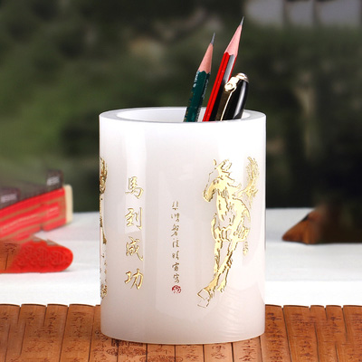琉璃玉笔筒摆件 中国风办公室实用摆件 领导老师创意礼品纪念品定制