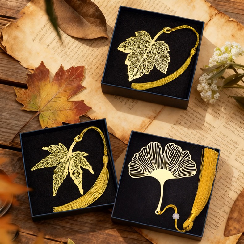 复古黄铜蜻蜓梧桐树叶金属叶脉枫叶书签 古典故宫中国风叶子简约精美四叶草